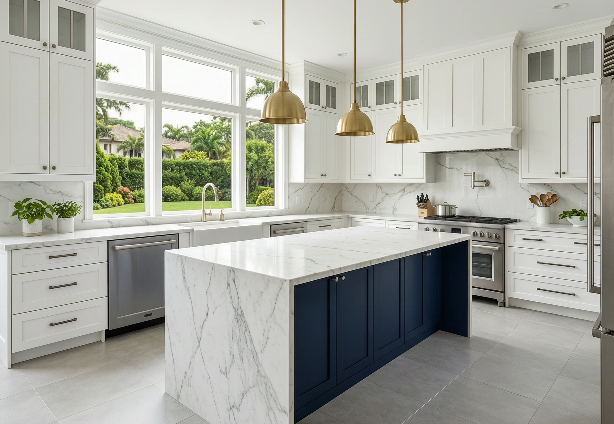 Kitchen remodeling Menlo Park fully renovated luxury kitchen with navy island and marble quartz countertops by Dreamprint Home Remodeling