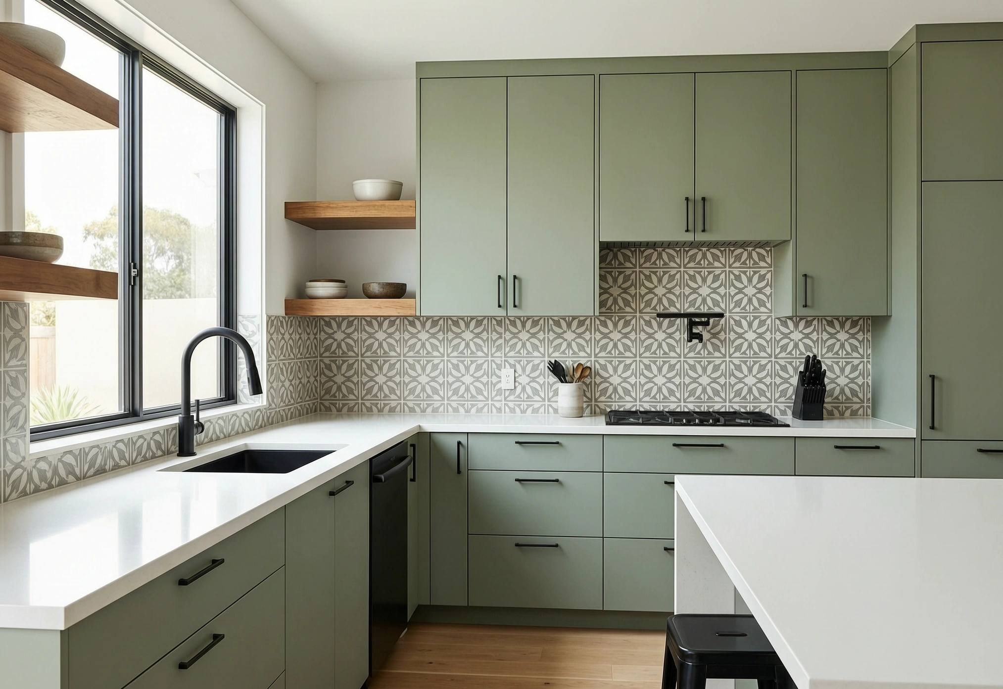 Kitchen remodeler Menlo Park modern transitional kitchen with sage green flat panel cabinetry white quartz countertop patterned cement tile backsplash and matte black fixtures completed by Dreamprint Home Remodeling