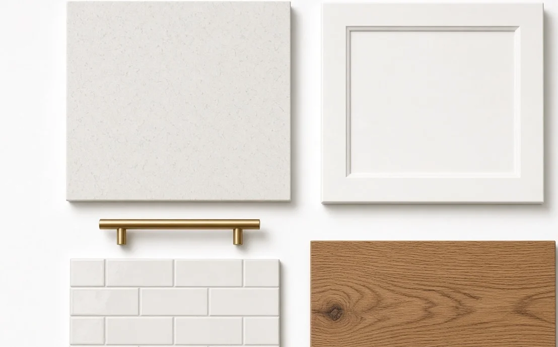 Kitchen remodeling contractor material samples including quartz countertop and cabinet hardware for cost planning