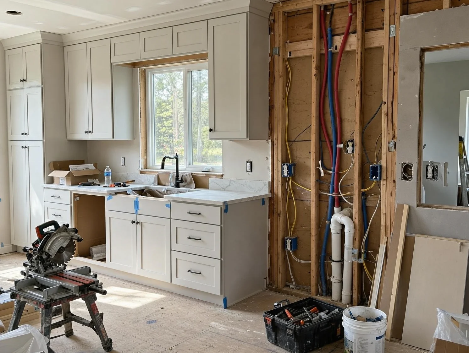 Kitchen remodeling contractor project mid construction showing new cabinetry and framing